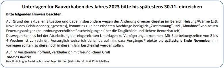 Unterlagen für Bauvorhaben die im Jahr 2023 noch bearbeitet werden sollen, bitte bis Ende November einreichen.